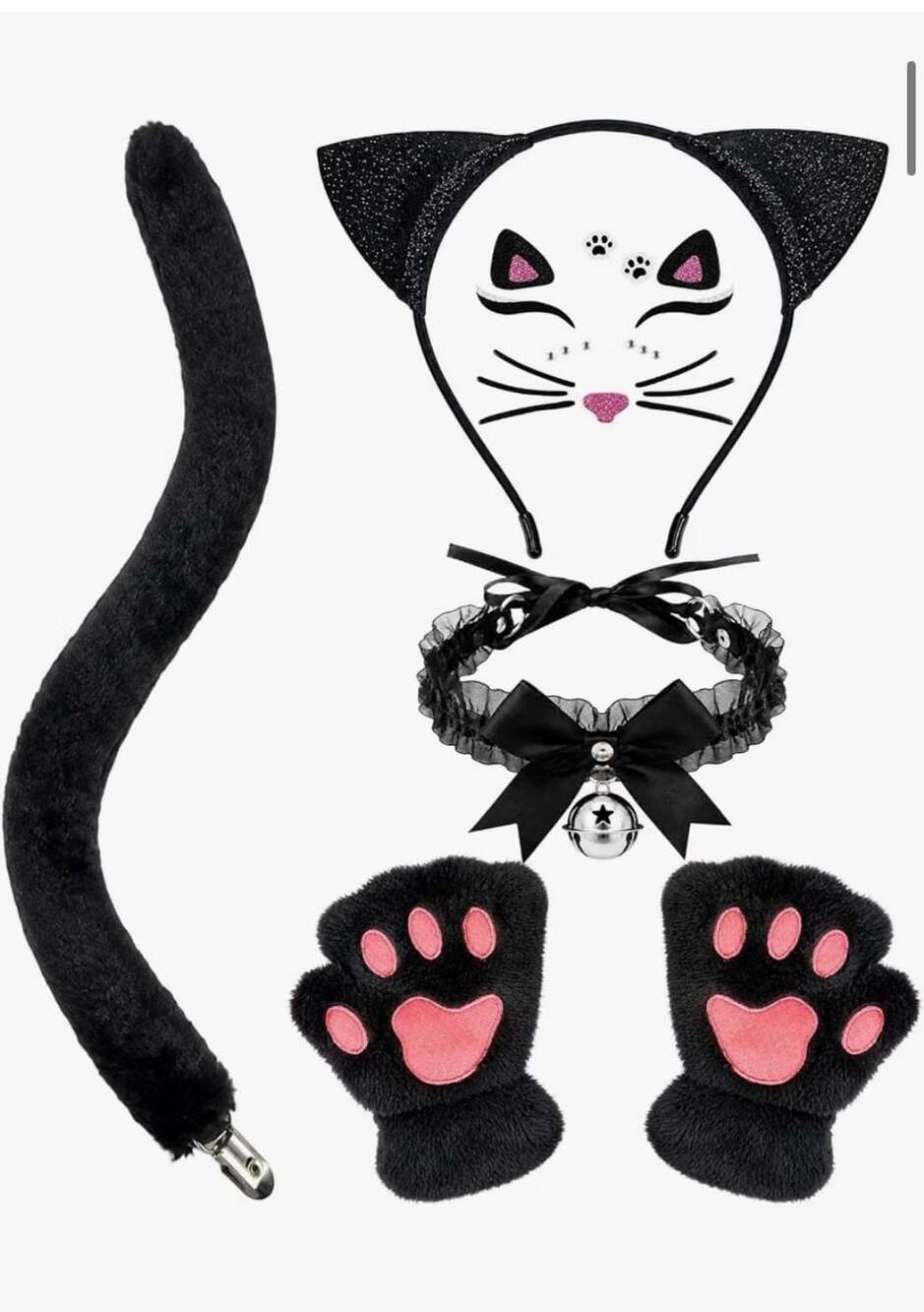 Black Cat Costume Kit with Cat Ears Headband Tail Paws Gloves Collar